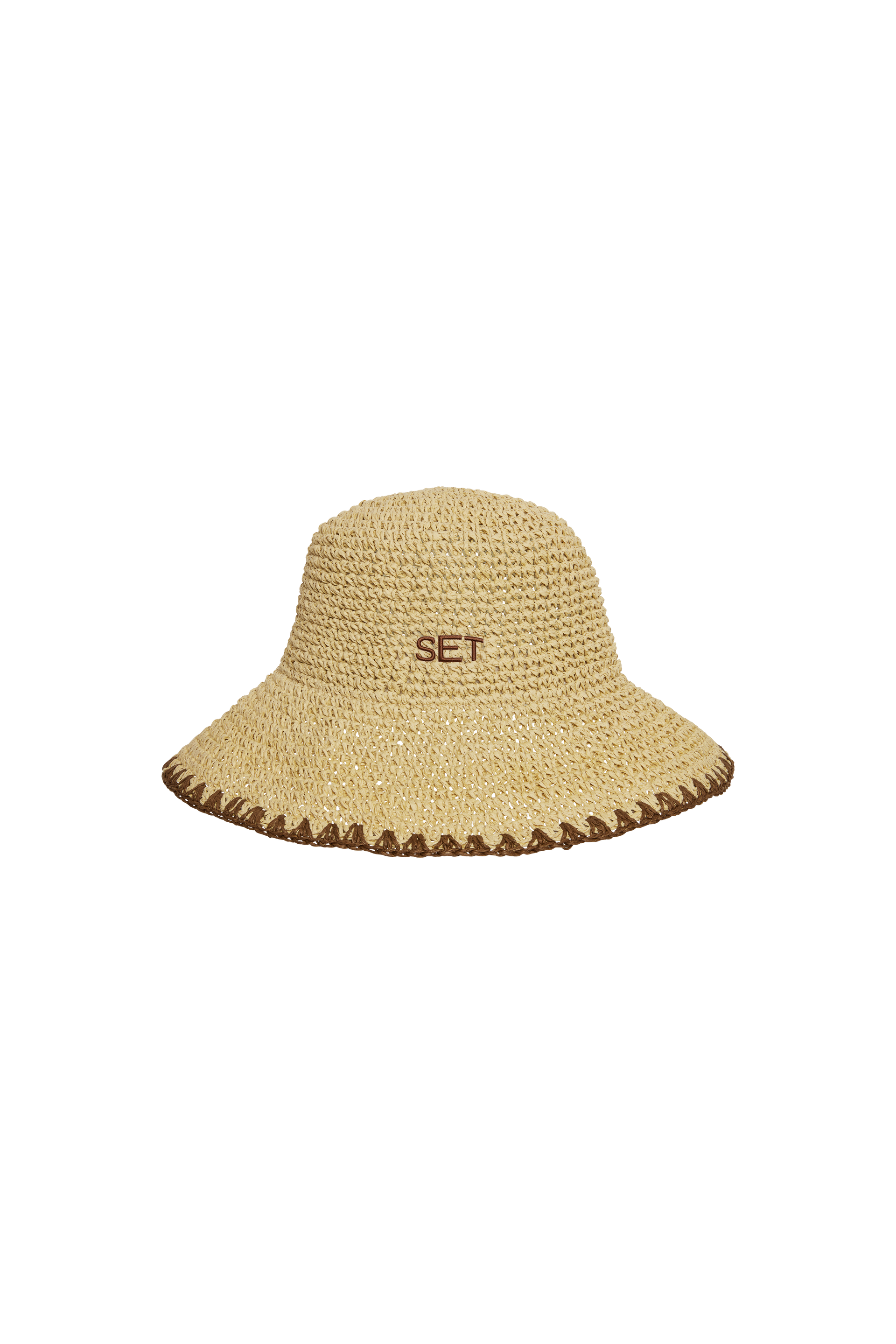 A light beige woven straw bucket hat with a small brown embroidered 'SET' logo on the front, set against a plain white background.