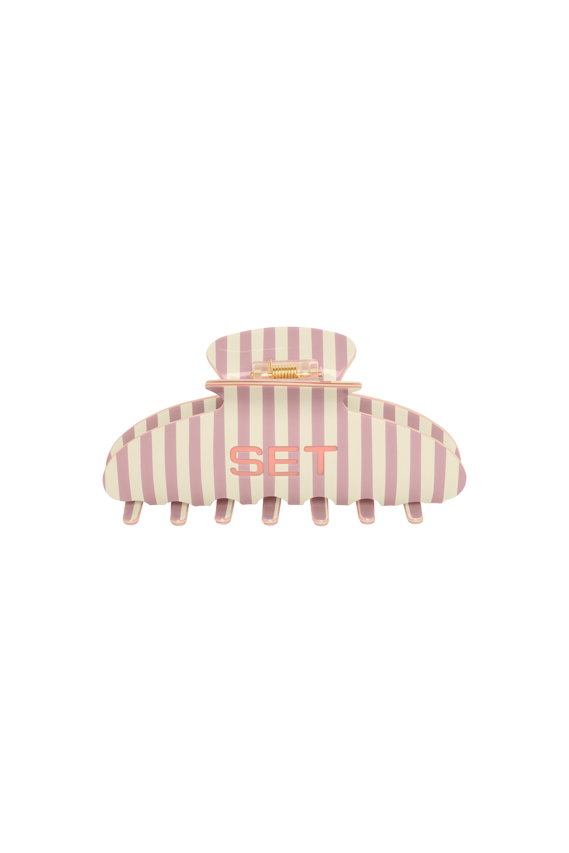 Pink and white striped hair clip with 'SET' text on a white background