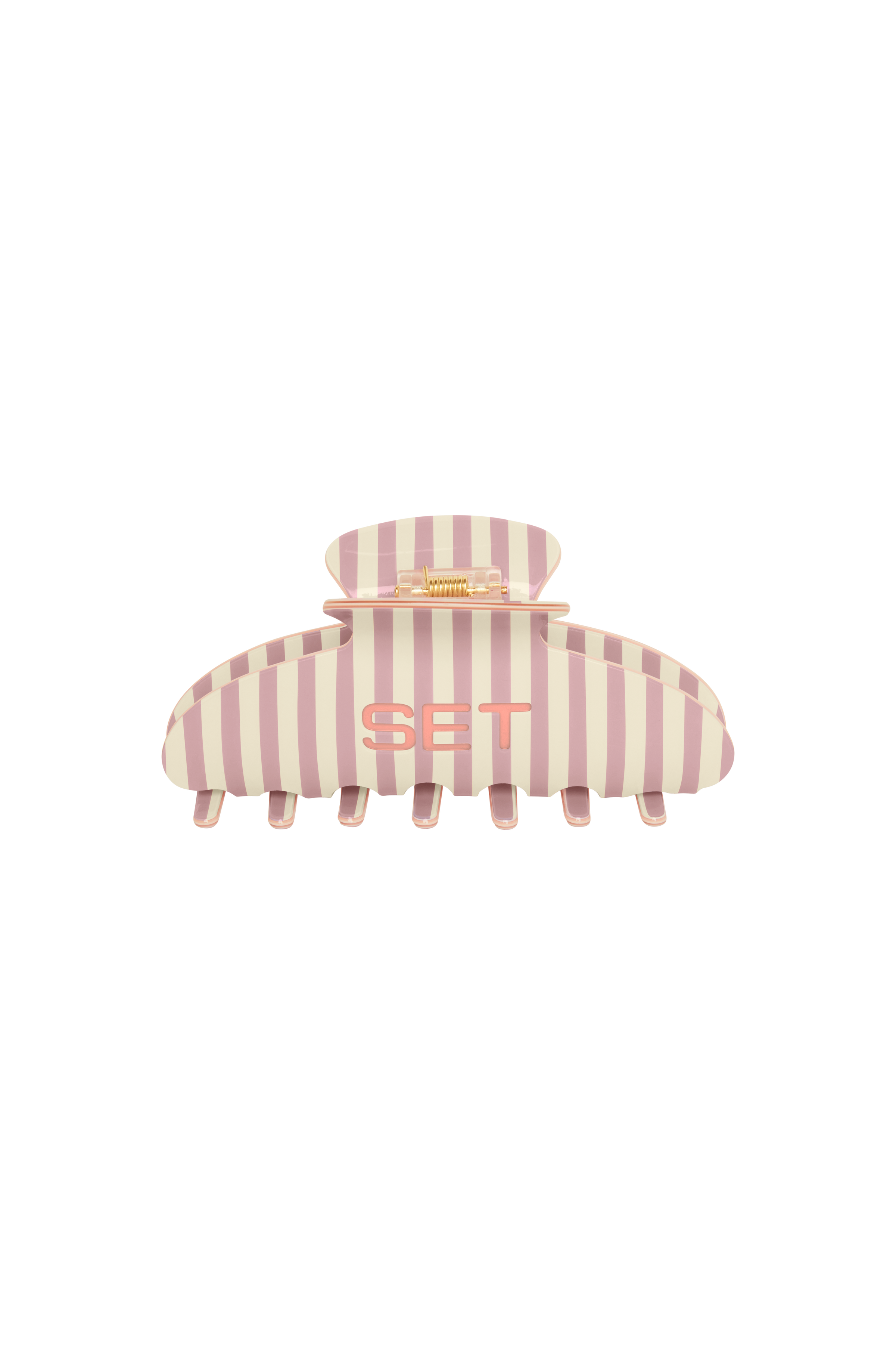 Pink and white striped hair clip with 'SET' text on a white background