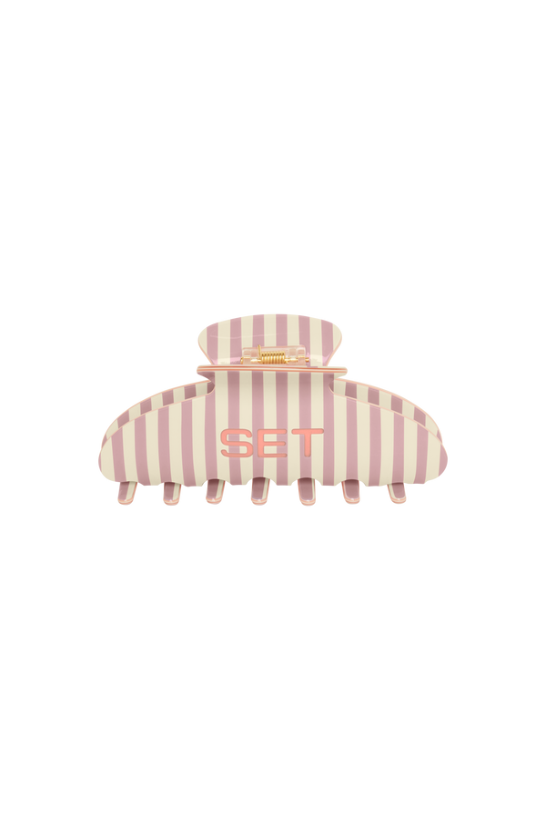 Pink and white striped hair clip with 'SET' text on a white background
