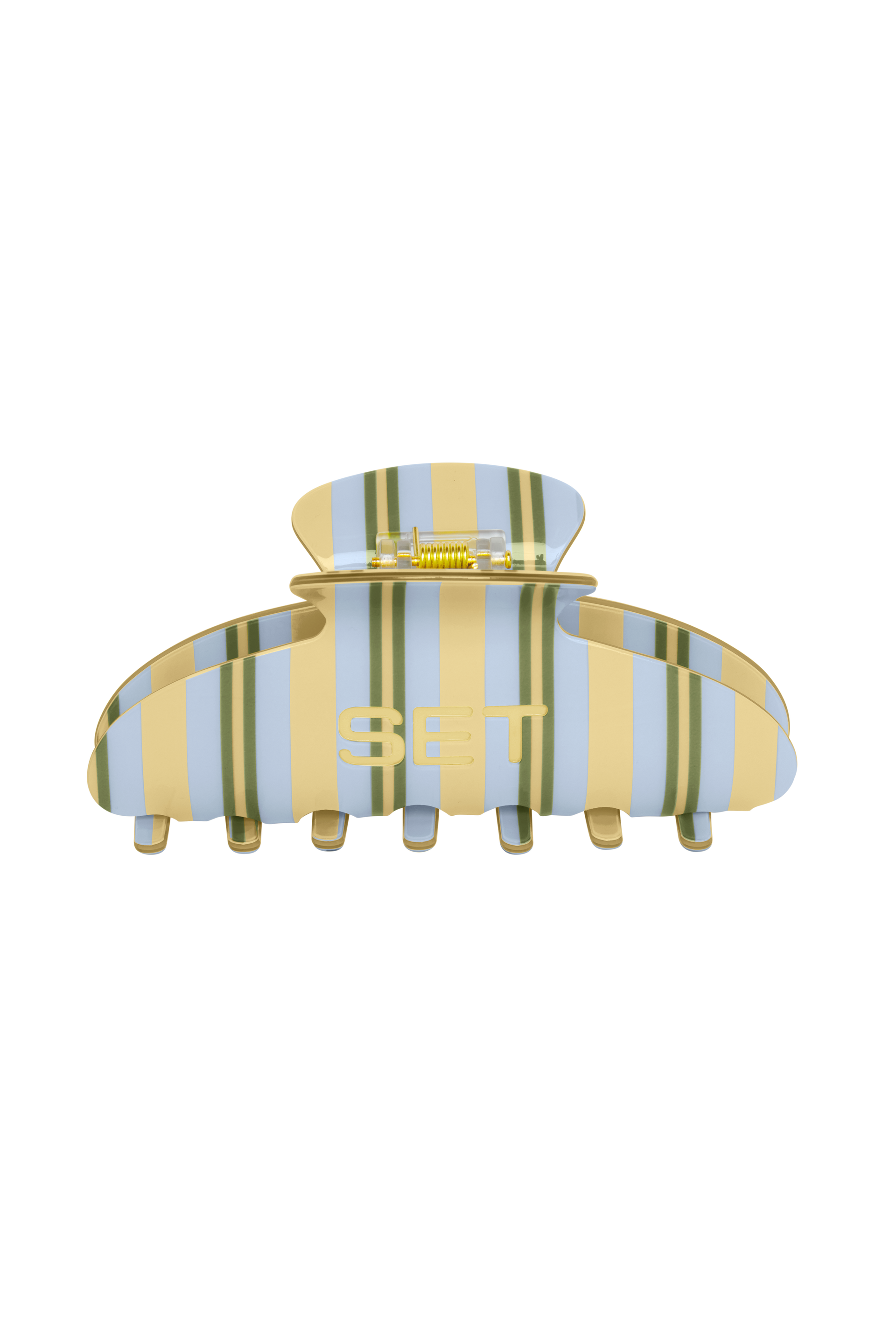 Striped hair clip with 'SET' on a white background