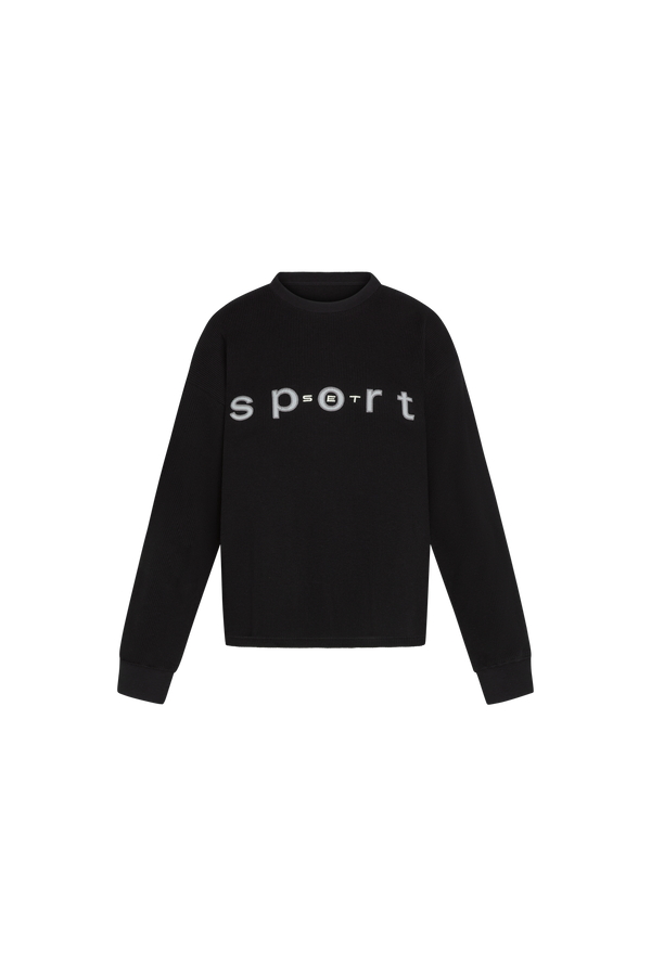 A black long-sleeve crewneck sweatshirt with the word 'sport' printed in white across the chest, displayed on a solid white background.