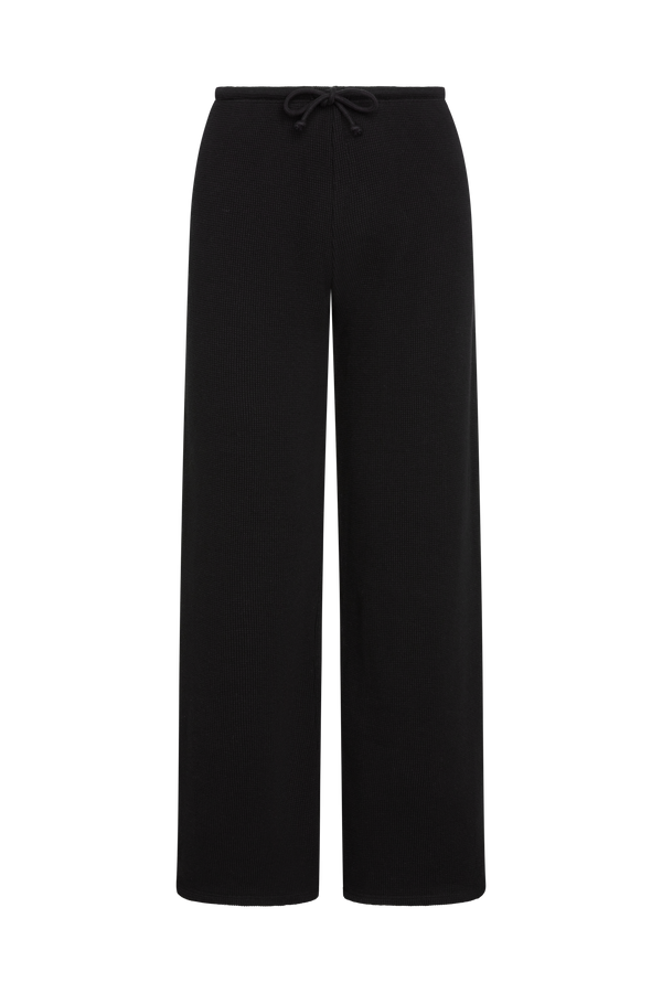 Black wide-leg cropped pants with a drawstring waist, shown flat against a solid white background.
