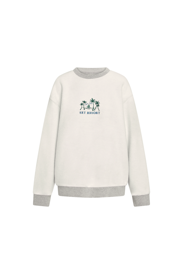 White sweatshirt with a logo on a white background