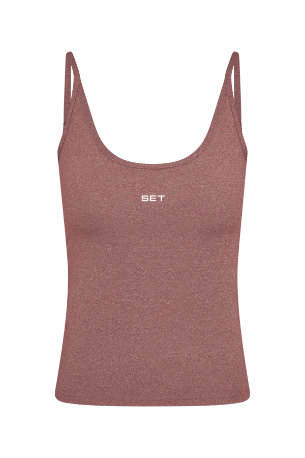 Maroon tank top with 'SET' logo on a white background