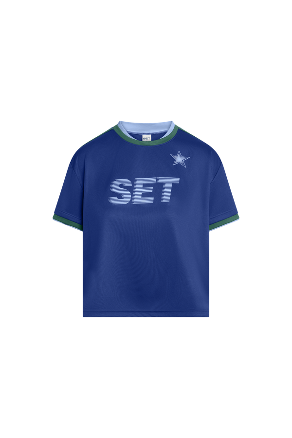 Blue t-shirt with 'SET' text on a white background