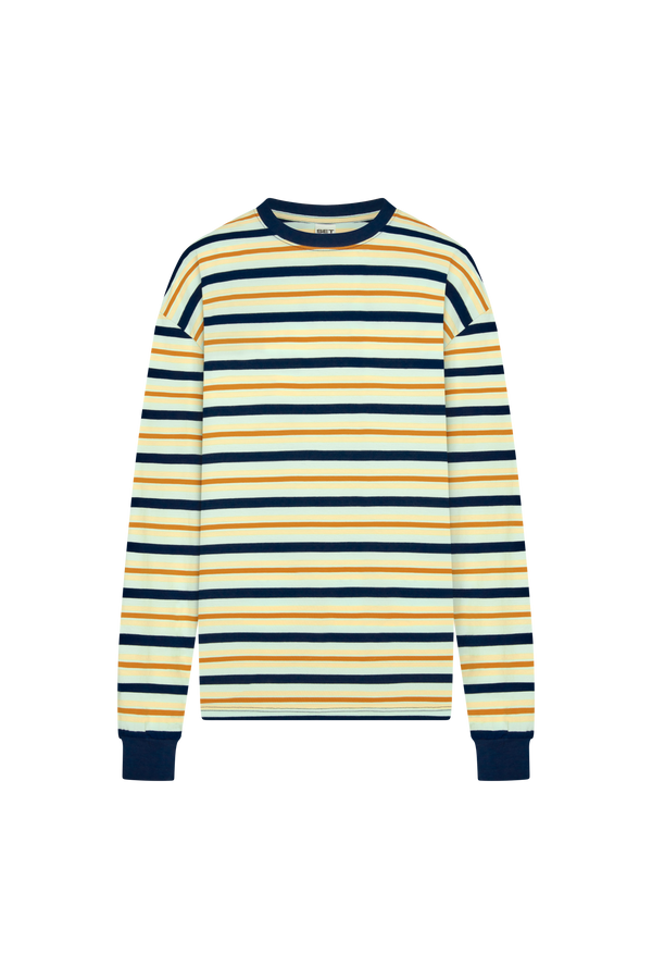 Striped long-sleeve shirt with yellow and navy blue stripes on a white background