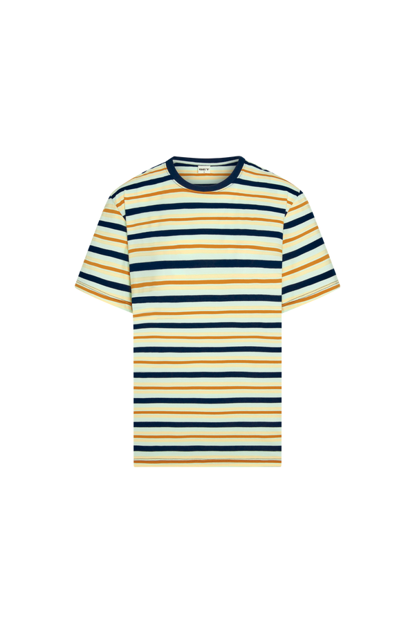 Striped t-shirt with blue and yellow horizontal stripes on a white background