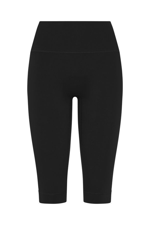 Black high-waisted capri leggings shown flat against a solid white background.