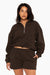 SET™ EMBROIDERED HEAVYWEIGHT SWEATS HALF ZIP IN ESPRESSO <model-info>Irene wears a size M and is 5’8", 29" waist, 34" bust, 32C bra.</model-info>