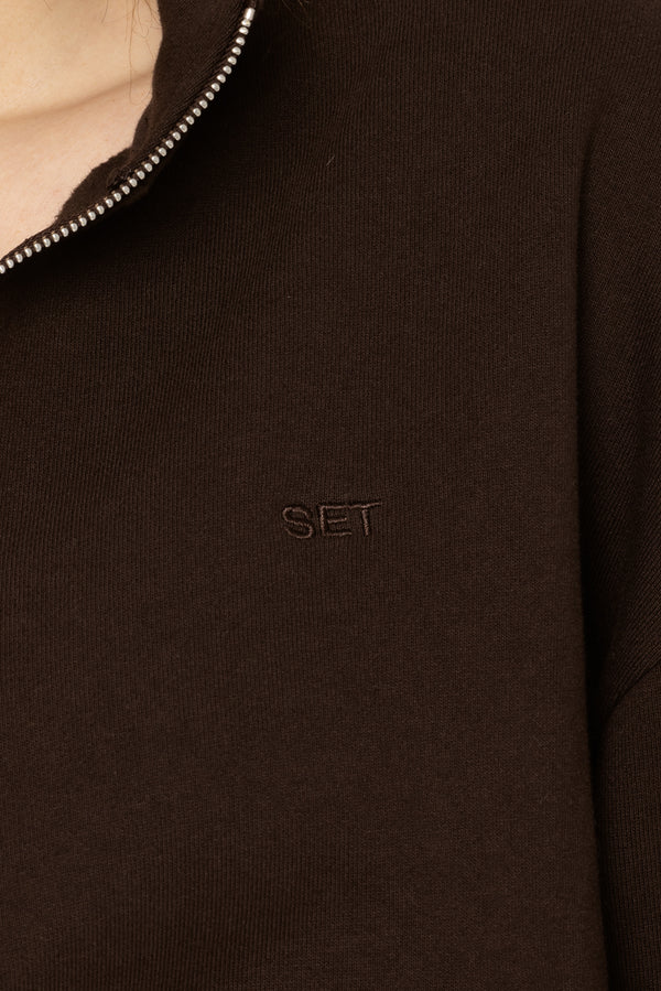 SET™ EMBROIDERED HEAVYWEIGHT SWEATS HALF ZIP IN ESPRESSO 