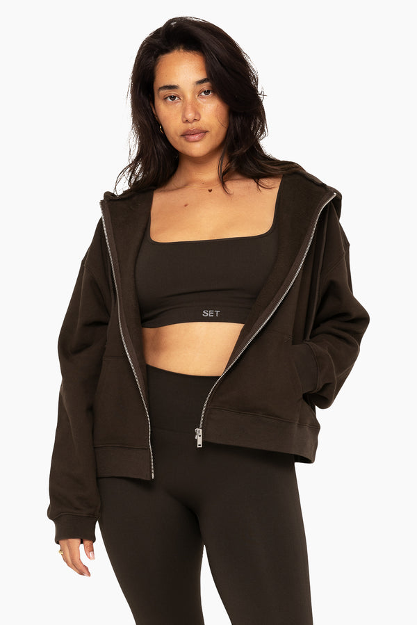 SET™ EMBROIDERED HEAVYWEIGHT SWEATS ZIP HOODIE IN ESPRESSO 