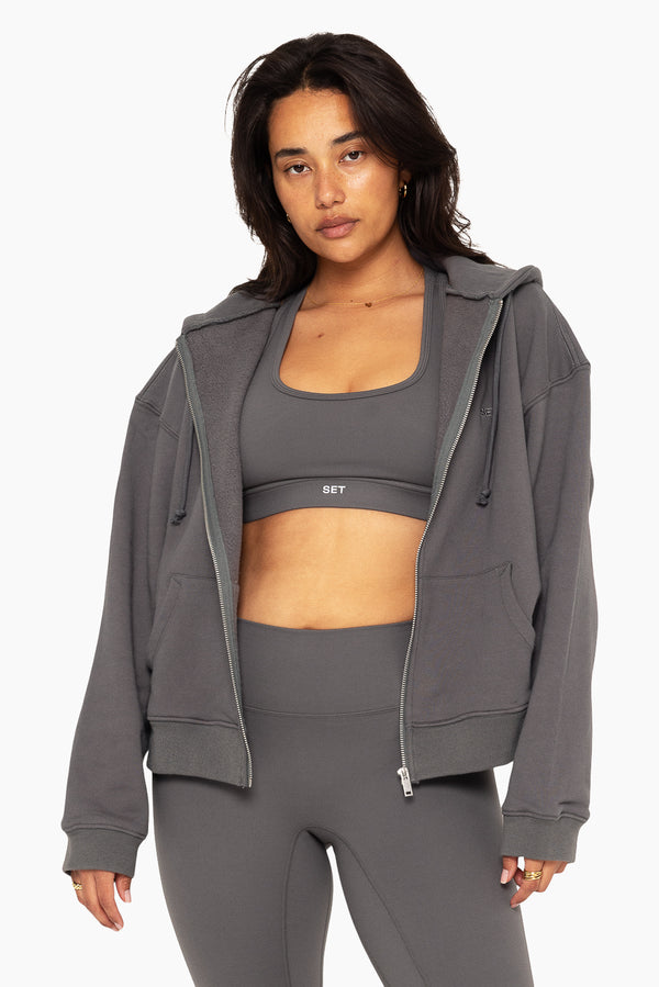 SET™ EMBROIDERED HEAVYWEIGHT SWEATS ZIP HOODIE IN GRAPHITE 