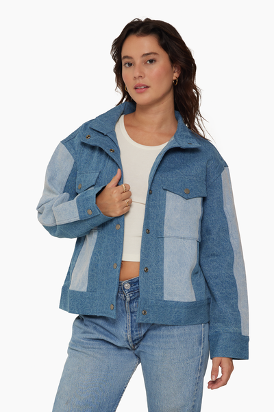 Kloitrinm - Collared Two Tone Washed Button Denim Jacket | YesStyle