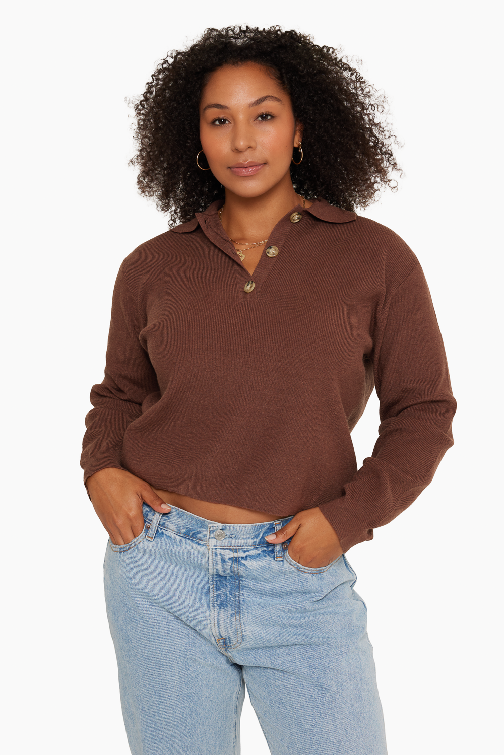 FINE RIB KNIT POLO PULLOVER - CHOCOLATE Featured Image
