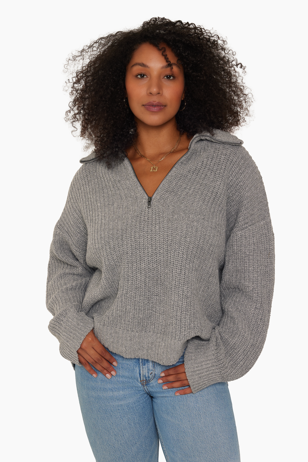 CHUNKY RIB KNIT COLLARED QUARTER ZIP - MARBLE