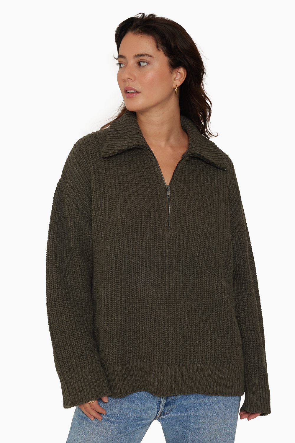 CHUNKY RIB KNIT COLLARED QUARTER ZIP SHADOW