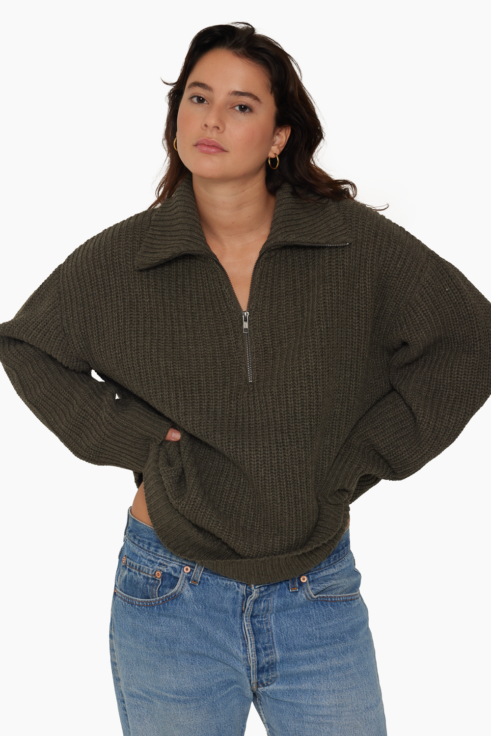 CHUNKY RIB KNIT COLLARED QUARTER ZIP - SHADOW Featured Image