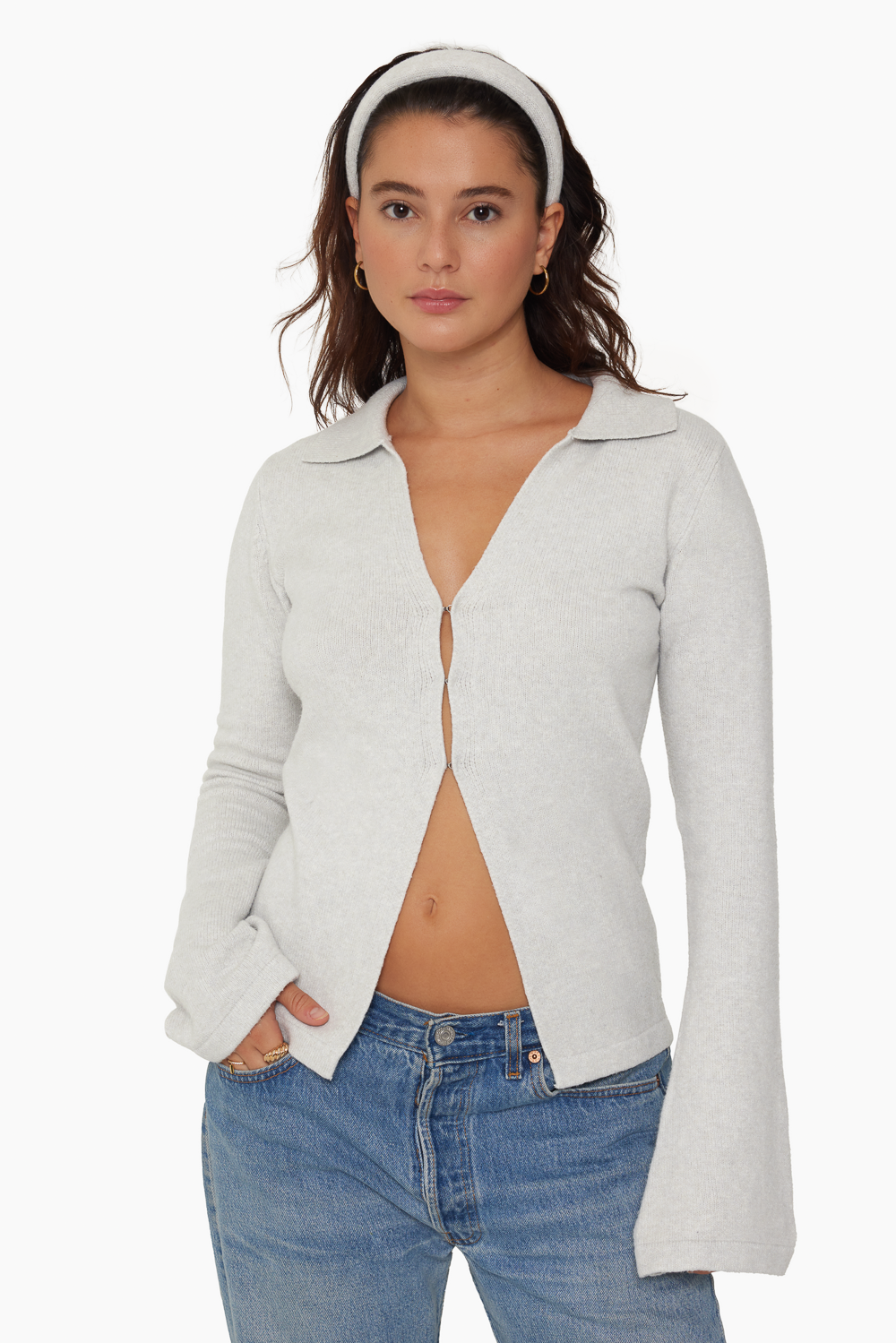 JERSEY KNIT DOUBLE V CARDIGAN - FOG Featured Image