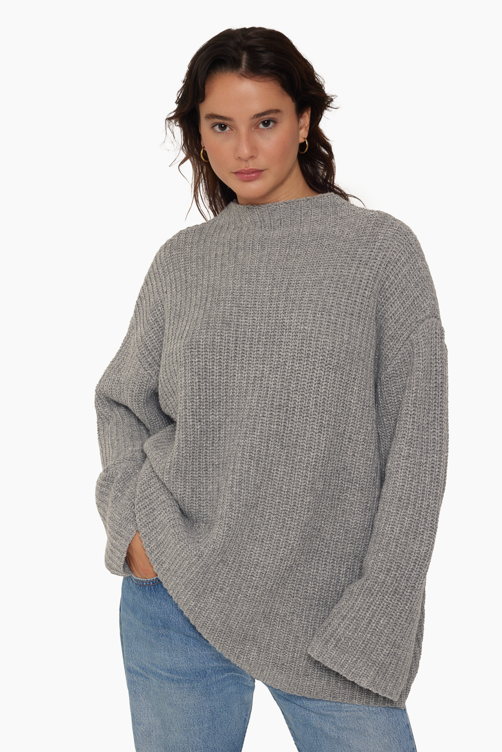 CHUNKY RIB KNIT OVERSIZED MOCK NECK SWEATER - MARBLE Featured Image