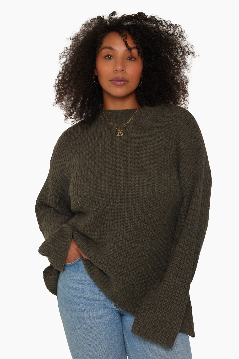 CHUNKY RIB KNIT OVERSIZED MOCK NECK SWEATER - SHADOW Featured Image