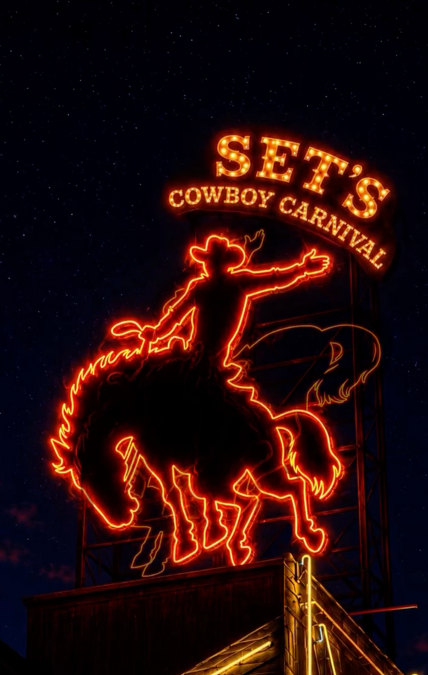 Light up sign that says 'SET'S COWBOY CARNIVAL'