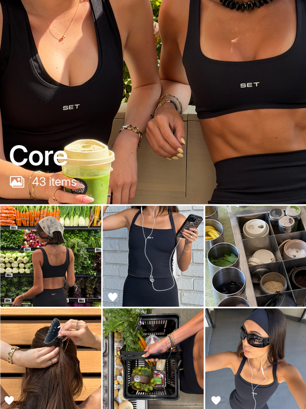 Instagram grid of mutiple photos of people in matching activewear sets.