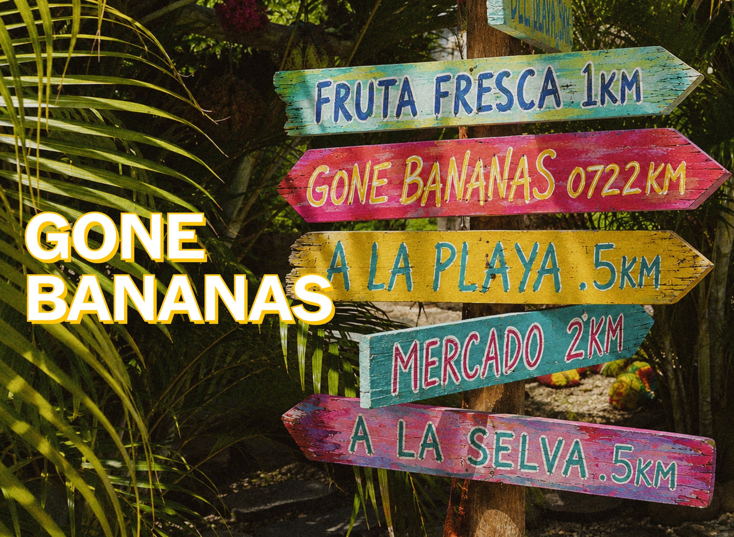 A rustic wooden signpost with multiple colorful directional arrows in tropical outdoor foliage. The sign includes text such as 'FRUTA FRESCA 1KM', 'GONE BANANAS 0722KM', 'A LA PLAYA .