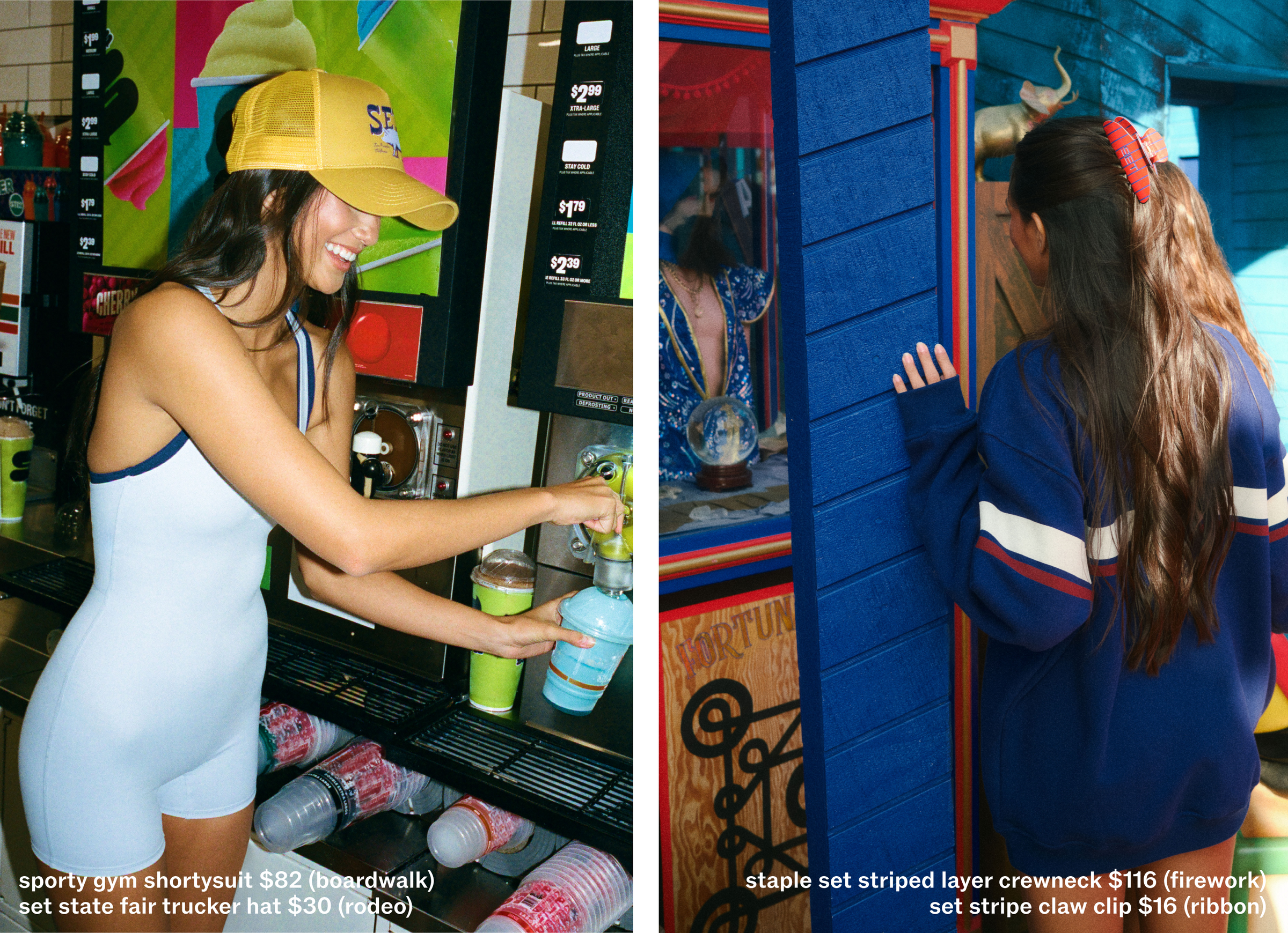 Two women interacting with a vending machine, one wearing a yellow cap and white outfit, the other in a blue and red outfit.