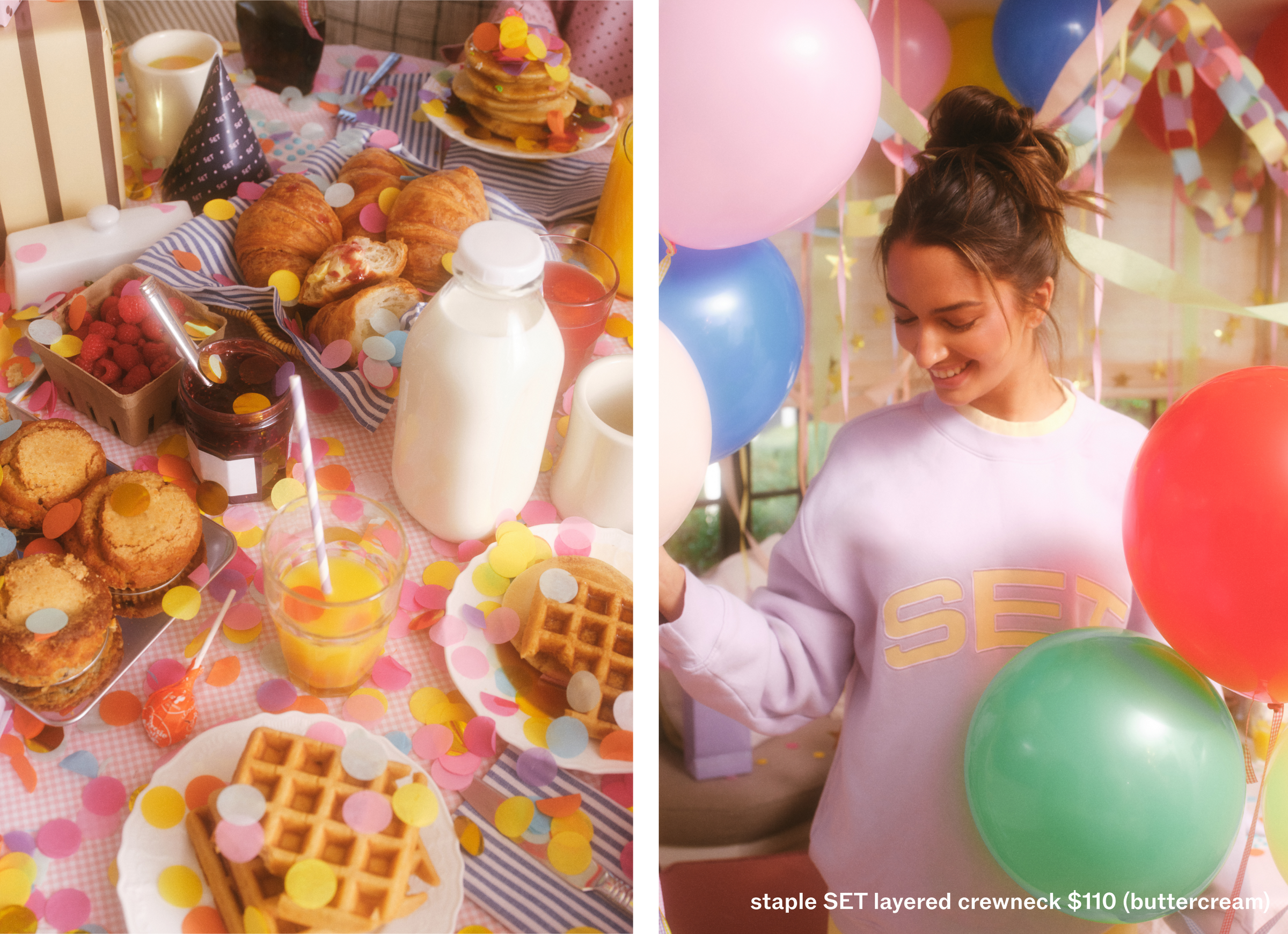Left: Breakfast table with waffles, pastries, and milk. Right: Woman in a purple sweatshirt with balloons.