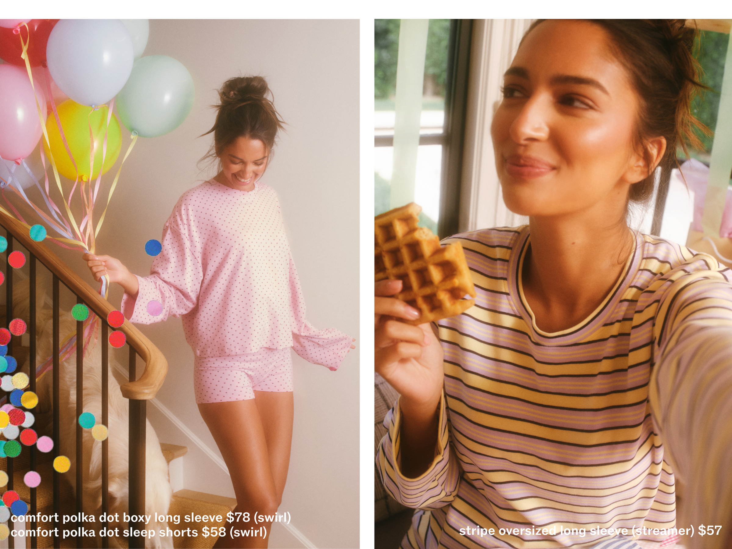 Two women in pajamas with product information overlay.