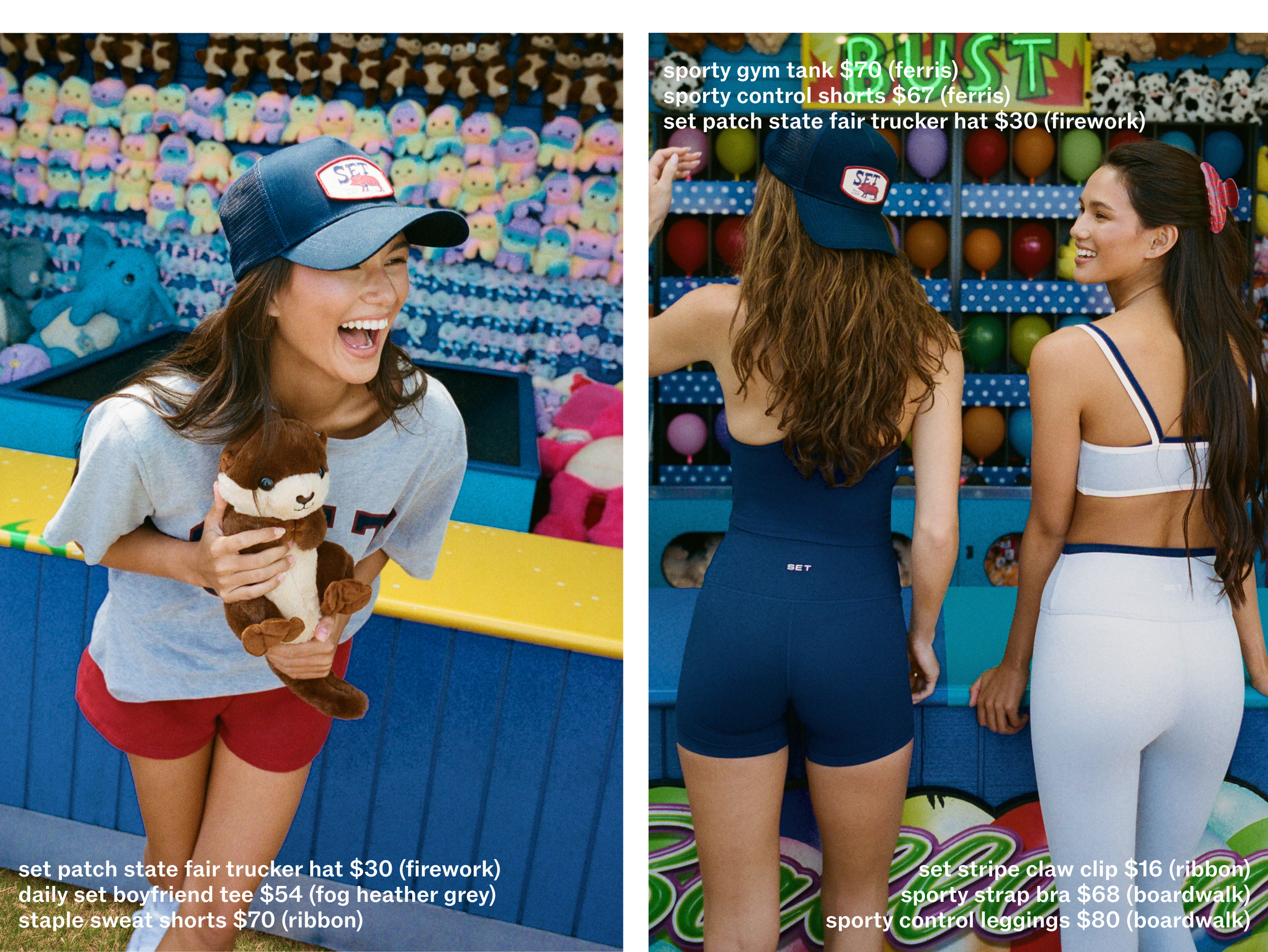 Two women in athletic wear standing next to a colorful play area with toys.
