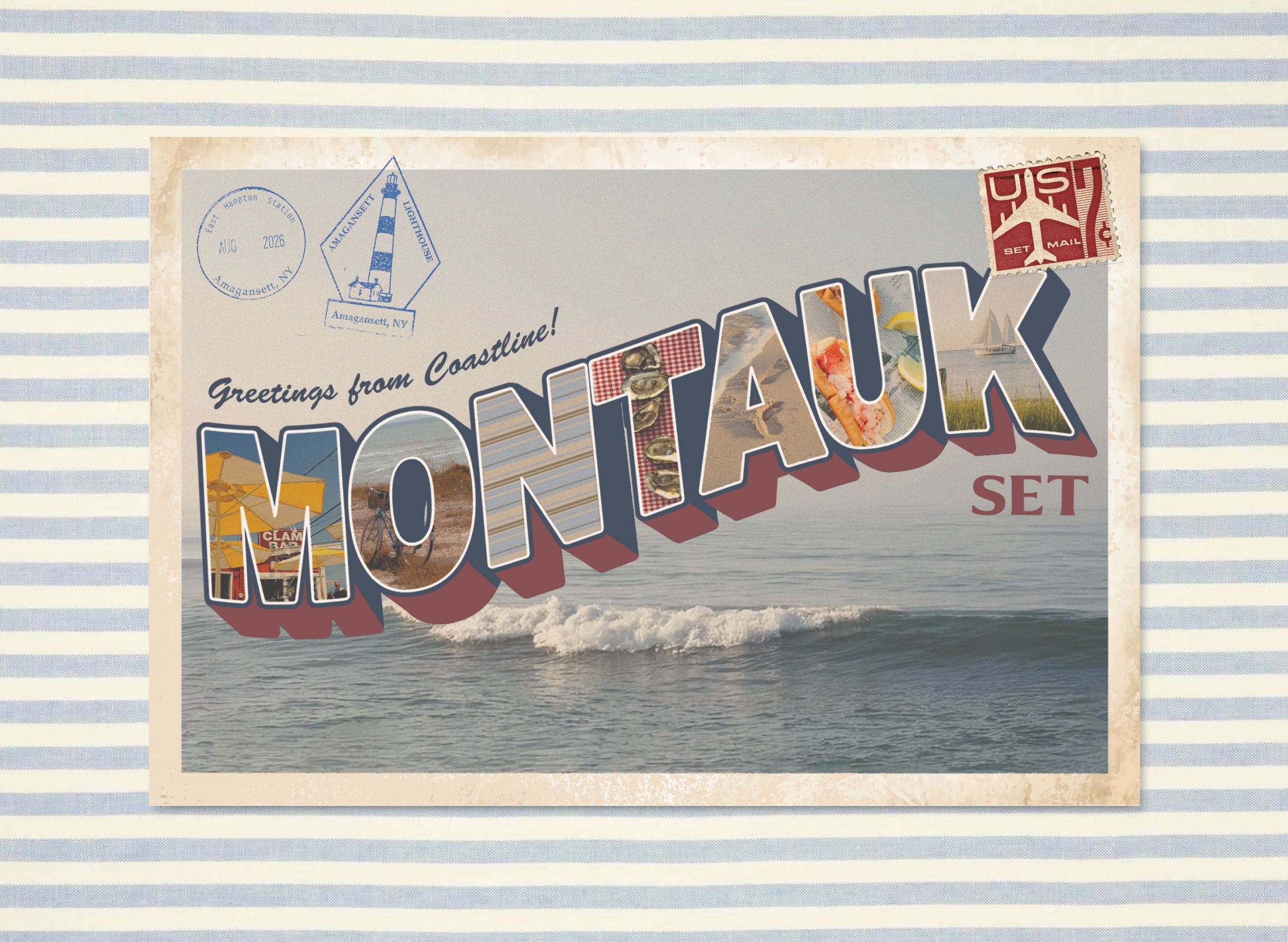 A vintage-style Montauk Set postcard or art print featuring large 3D-style letters filled with beach scenes, over an ocean wave, with postage stamp graphics, shown against a blue-and-white striped background.