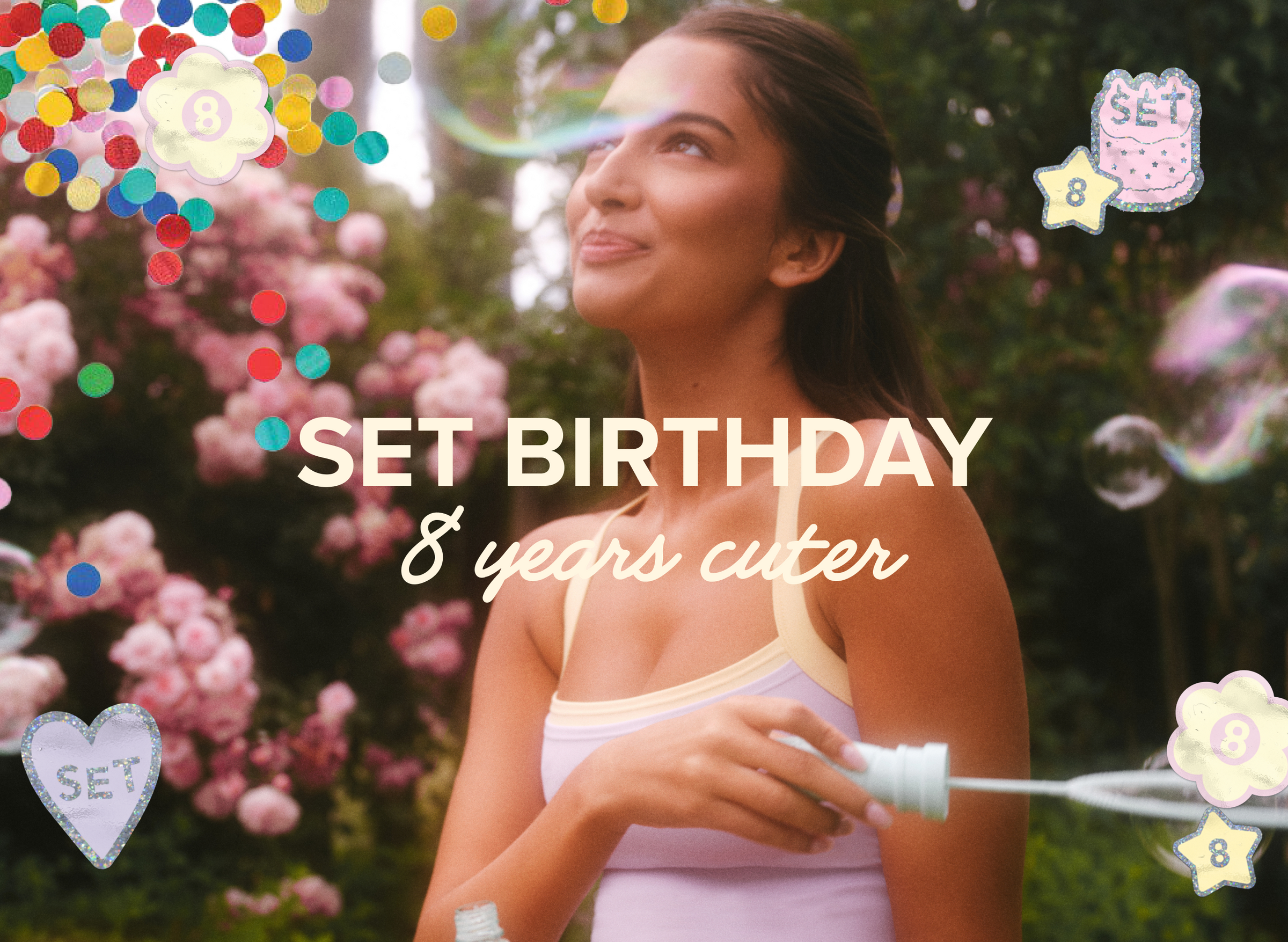 Woman blowing bubbles outdoors with decorative elements and text overlay.