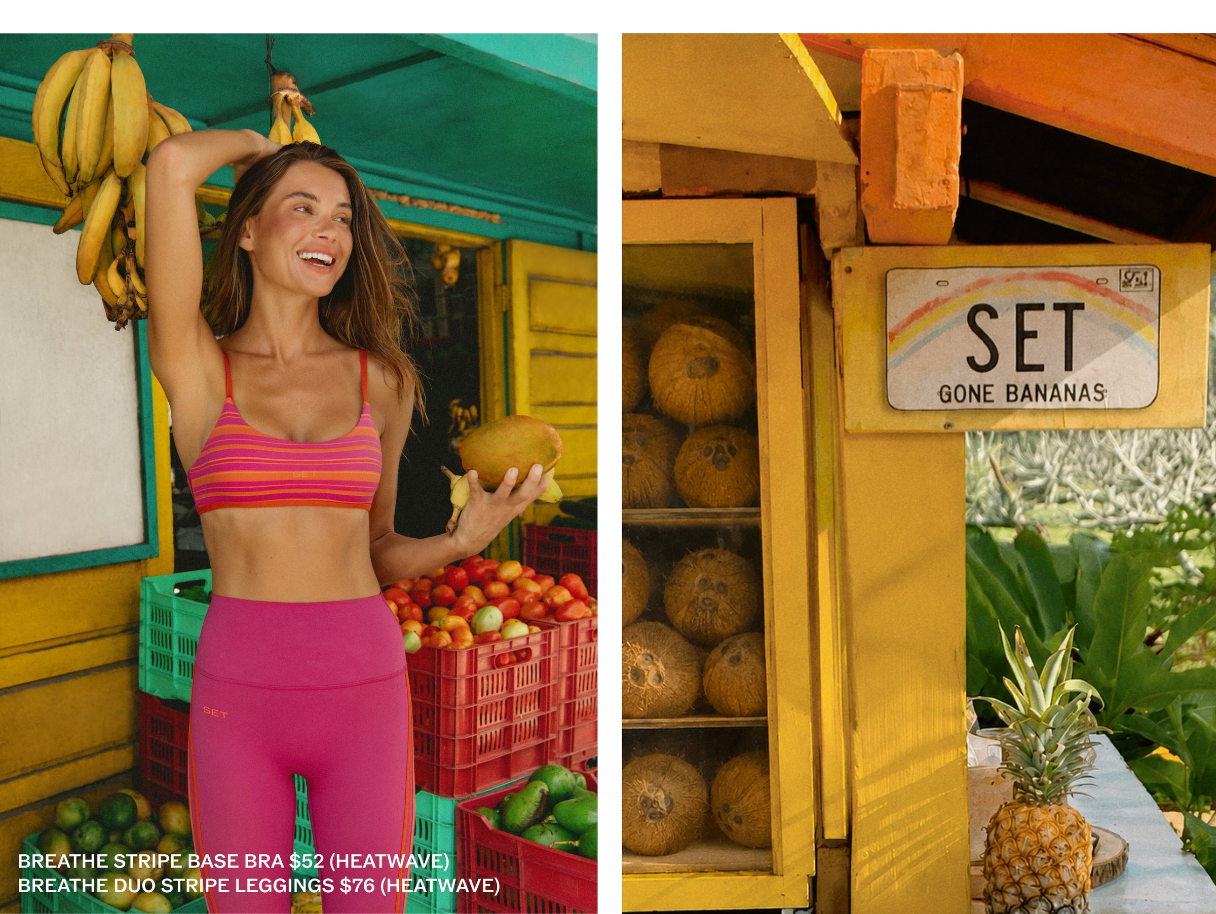 A split-screen lifestyle image showing a woman in a pink and orange striped sports bra and pink leggings holding a coconut in a tropical market setting, next to a yellow stall with coconuts and a sign reading 'SET GONE BANANAS'.