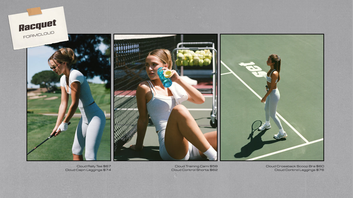 A three-panel collage showing a woman modeling athletic apparel on a tennis court and at a golf course, with text labels including 'Racquet' and 'FORMCLOUD' on a gray background.