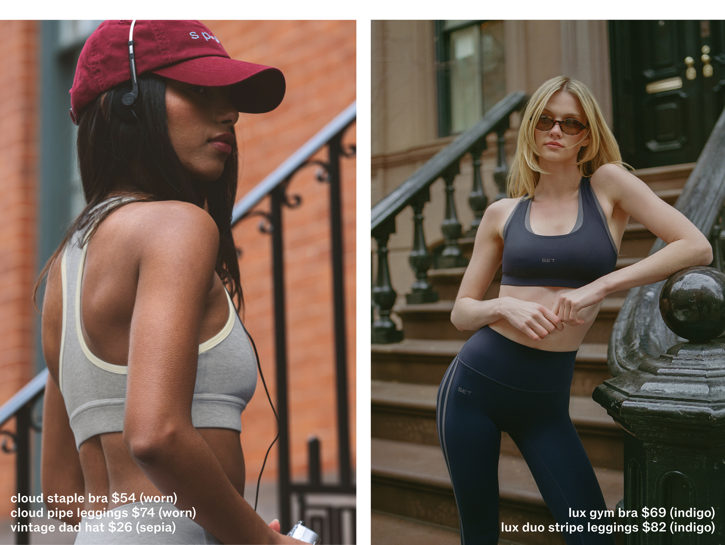 Two women wearing athletic wear with product names and prices displayed.