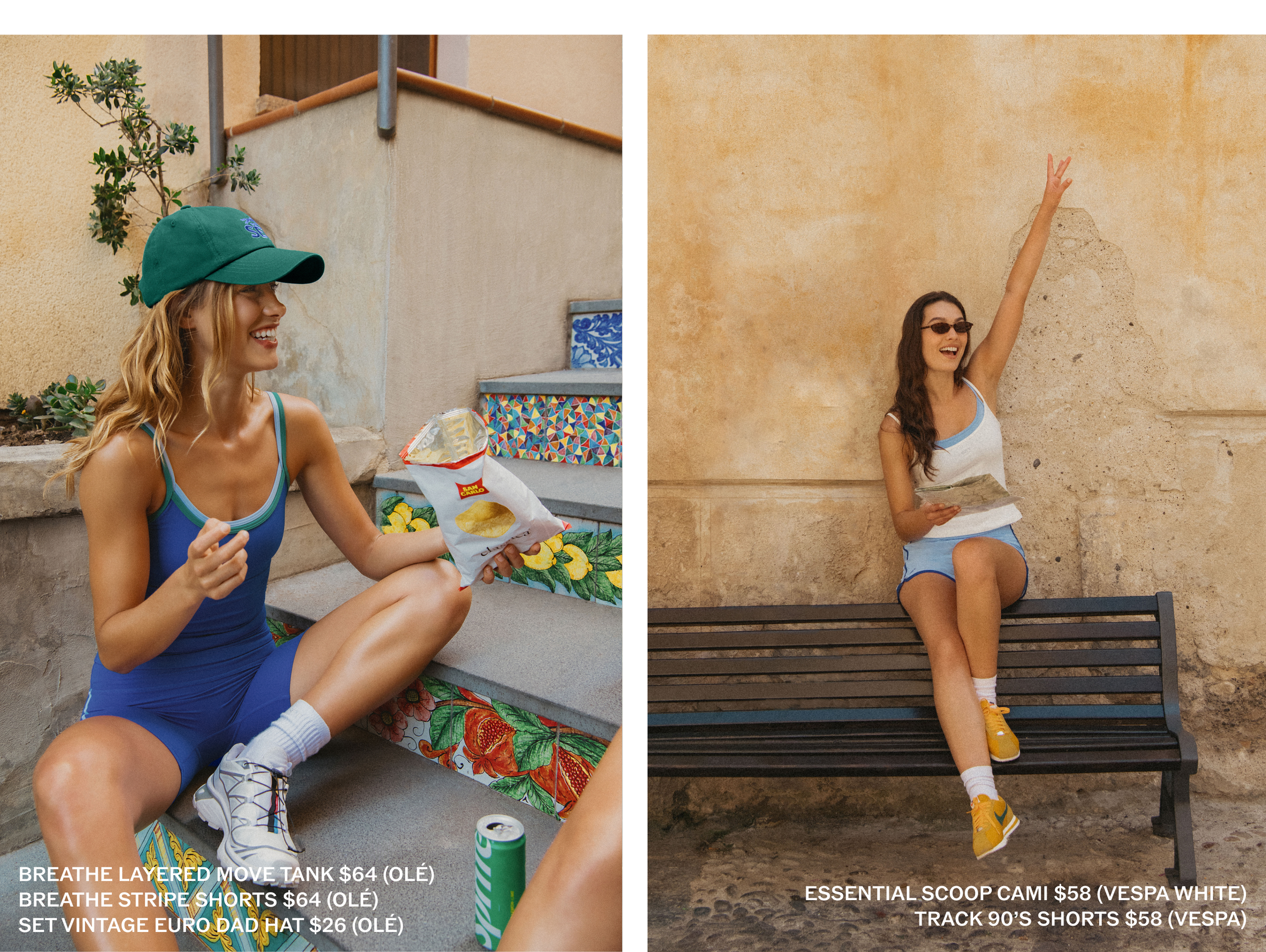 Two women in casual outfits sitting outdoors with product placements.