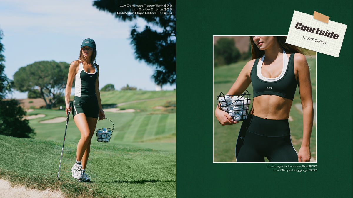 A split promotional layout featuring a woman on a golf course wearing a black athletic outfit and holding a golf bag, alongside a cropped studio-style inset of the same model wearing a black sports bra and leggings. Text includes 'Courtside LUMPING' and product line text at the bottom.