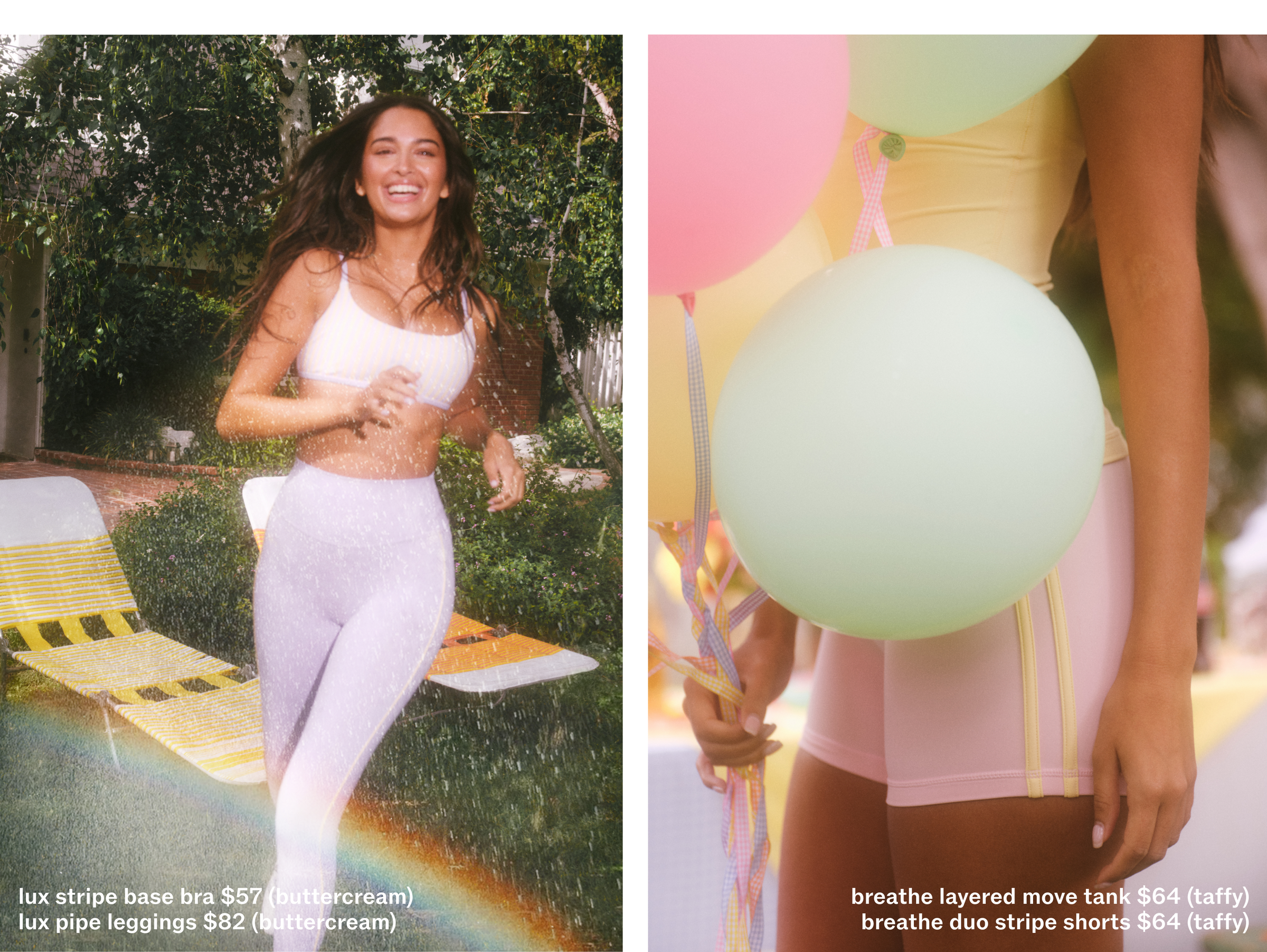 Woman in athletic wear outdoors with balloons, promoting sports bras and leggings.