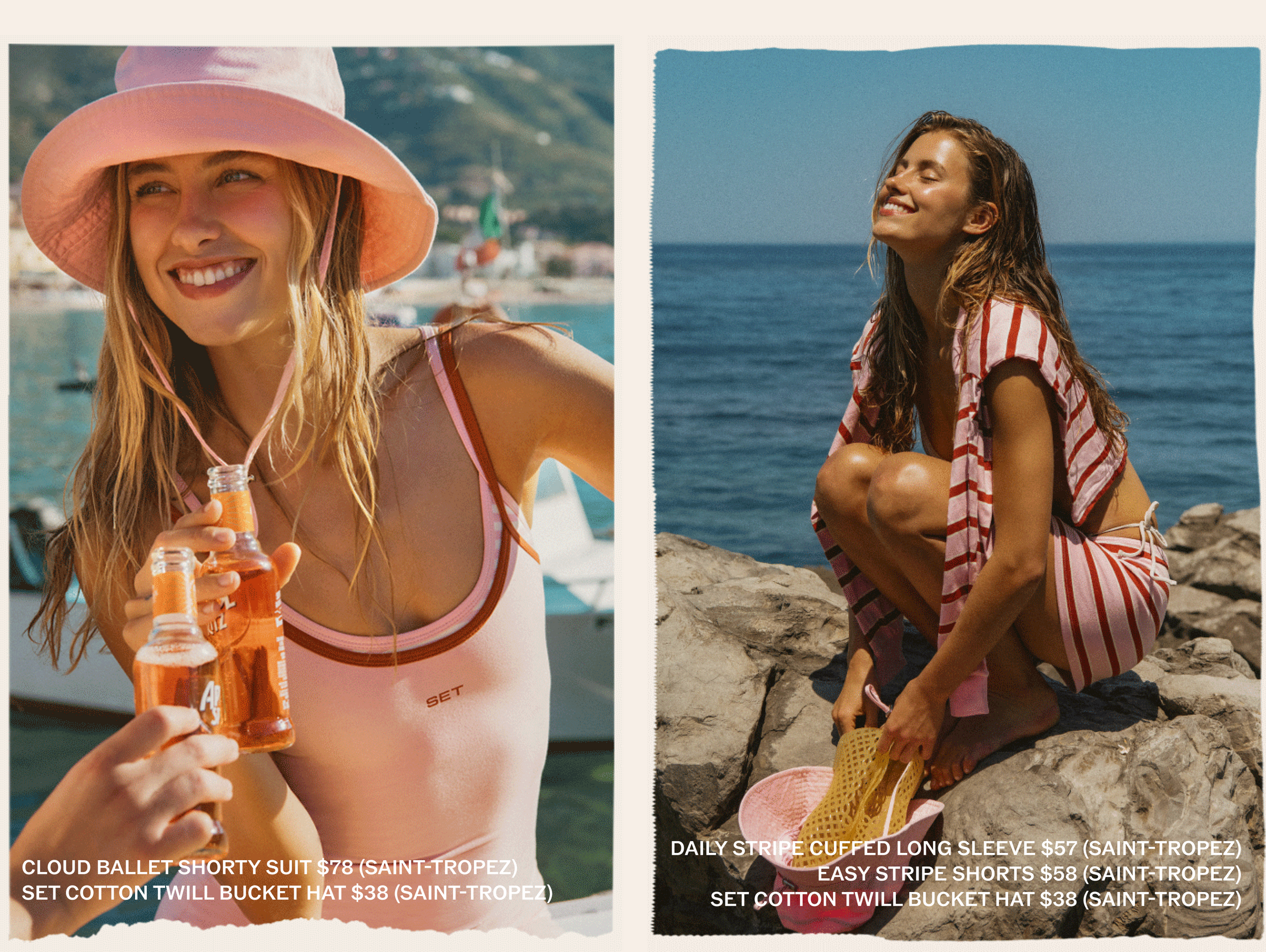 Two women enjoying a sunny day by the sea, wearing beach attire with product labels.