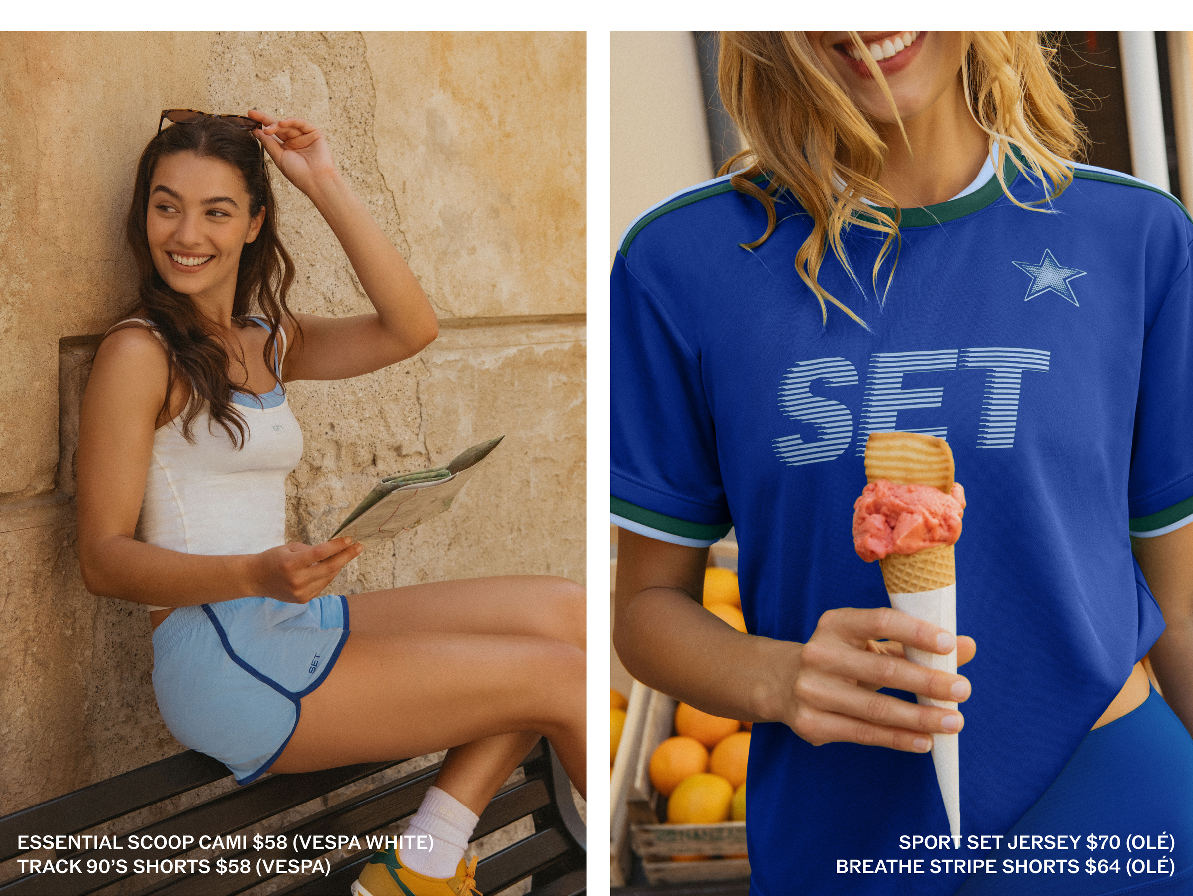 Two women in casual and sports-themed outfits with text overlay on clothing prices.