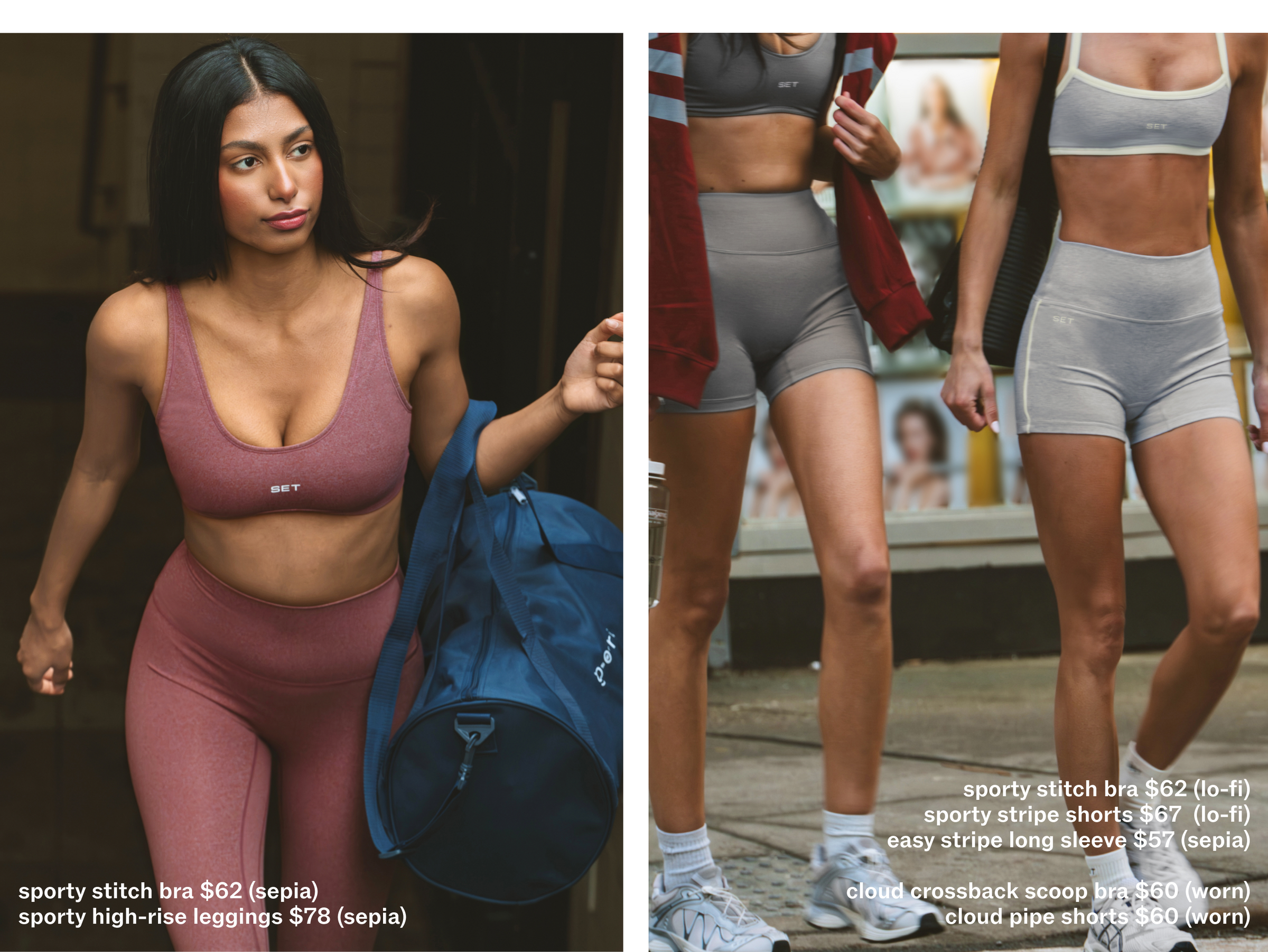 Woman in athletic wear with product labels and a close-up of her legs wearing shorts.