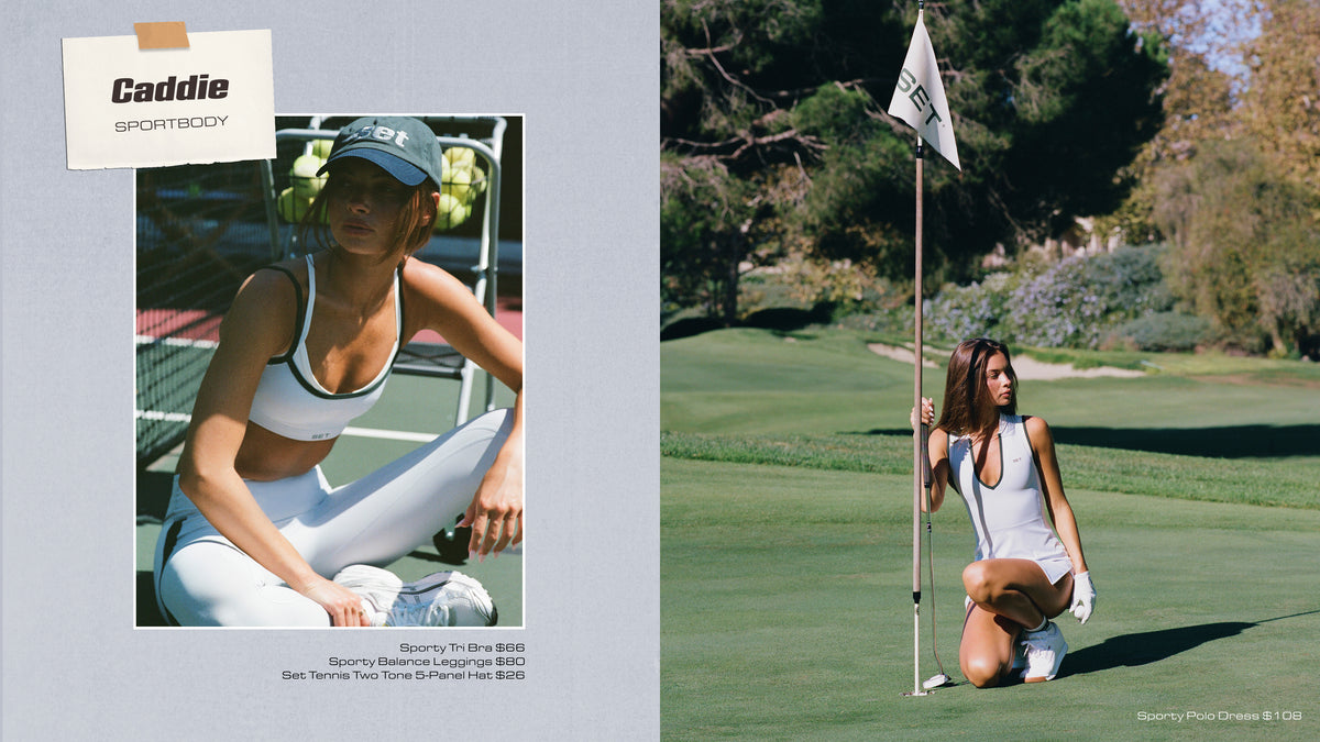 A split promotional image for Caddy Sportboy. The left panel shows a model in athletic wear sitting on a golf cart, wearing a blue cap, white sports bra, and white leggings.