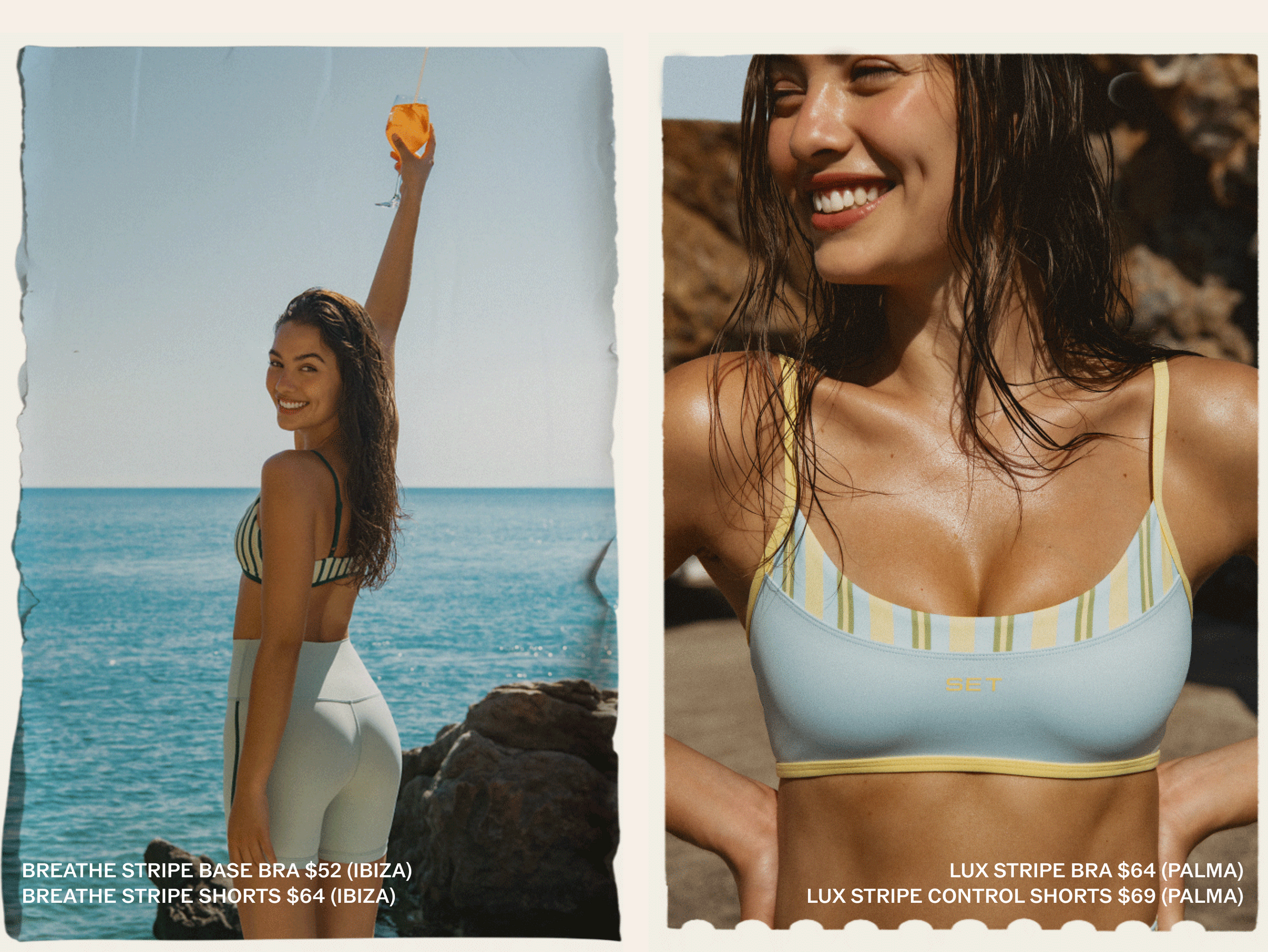 Woman in a sports bra and shorts with ocean view, product details visible