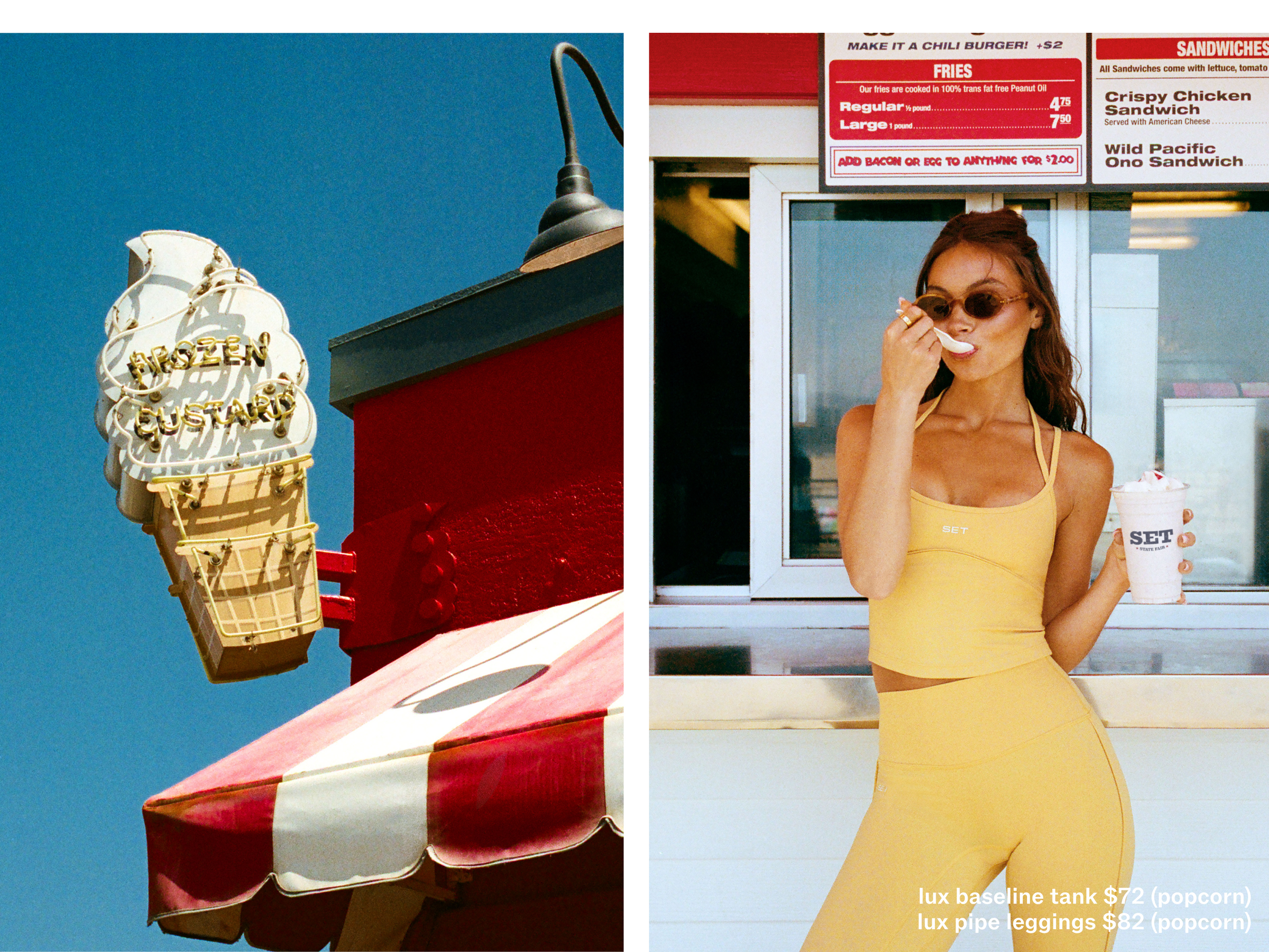 Ice cream cone sign on a building with a woman in a yellow outfit in front of a fast food window.