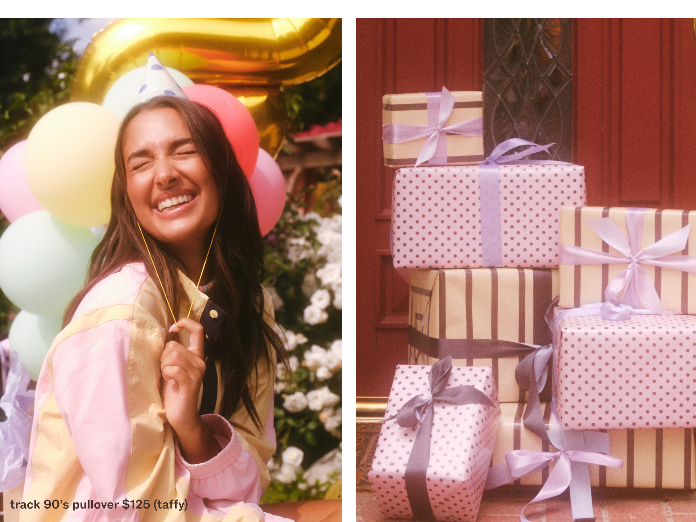 Woman with balloons and a colorful sweater next to stacked gift boxes with ribbons.