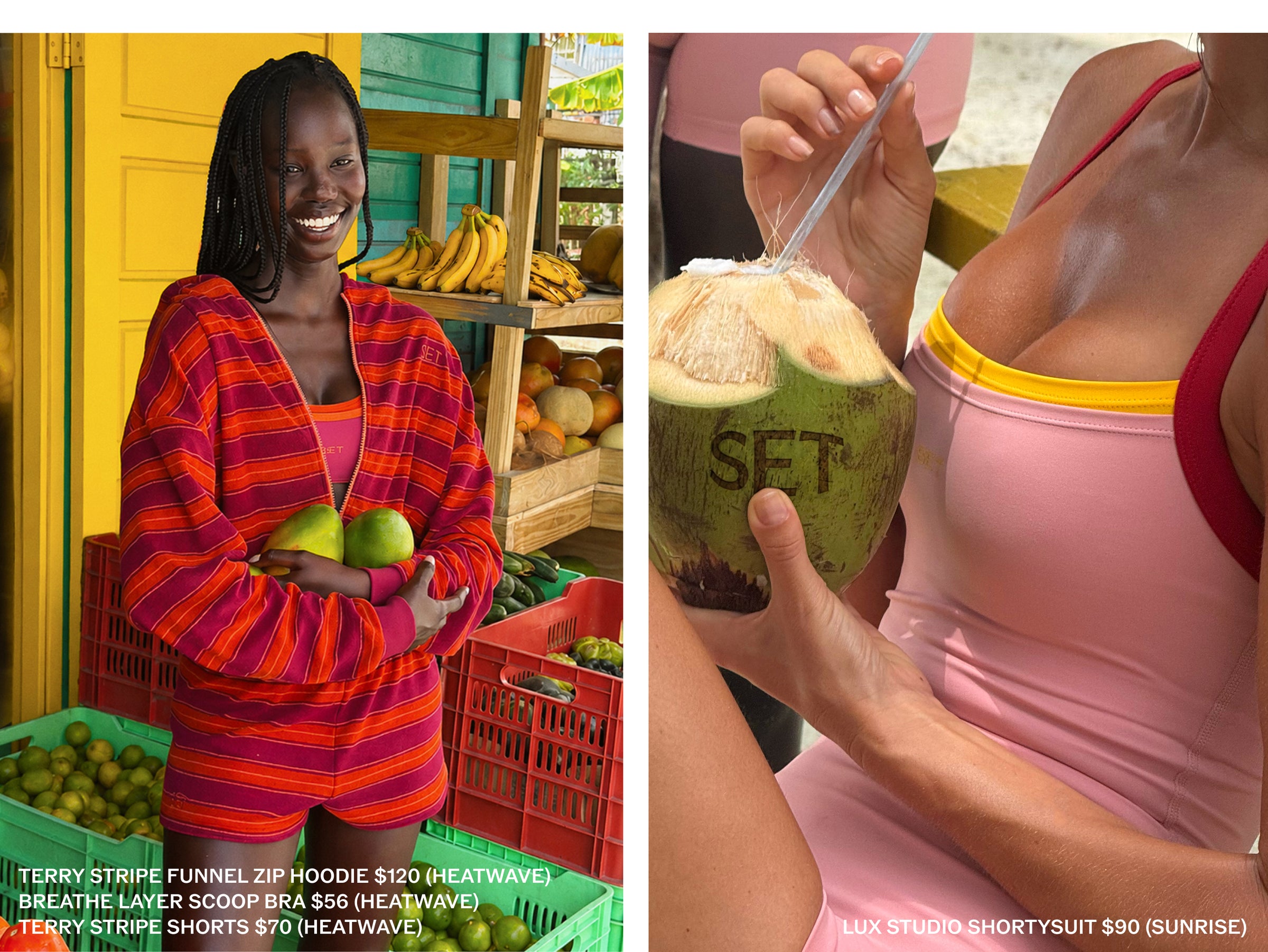 A split-screen collage showing two women modeling swimwear. The left panel shows a smiling woman in a red and orange striped hooded bikini holding green fruit in a market setting.