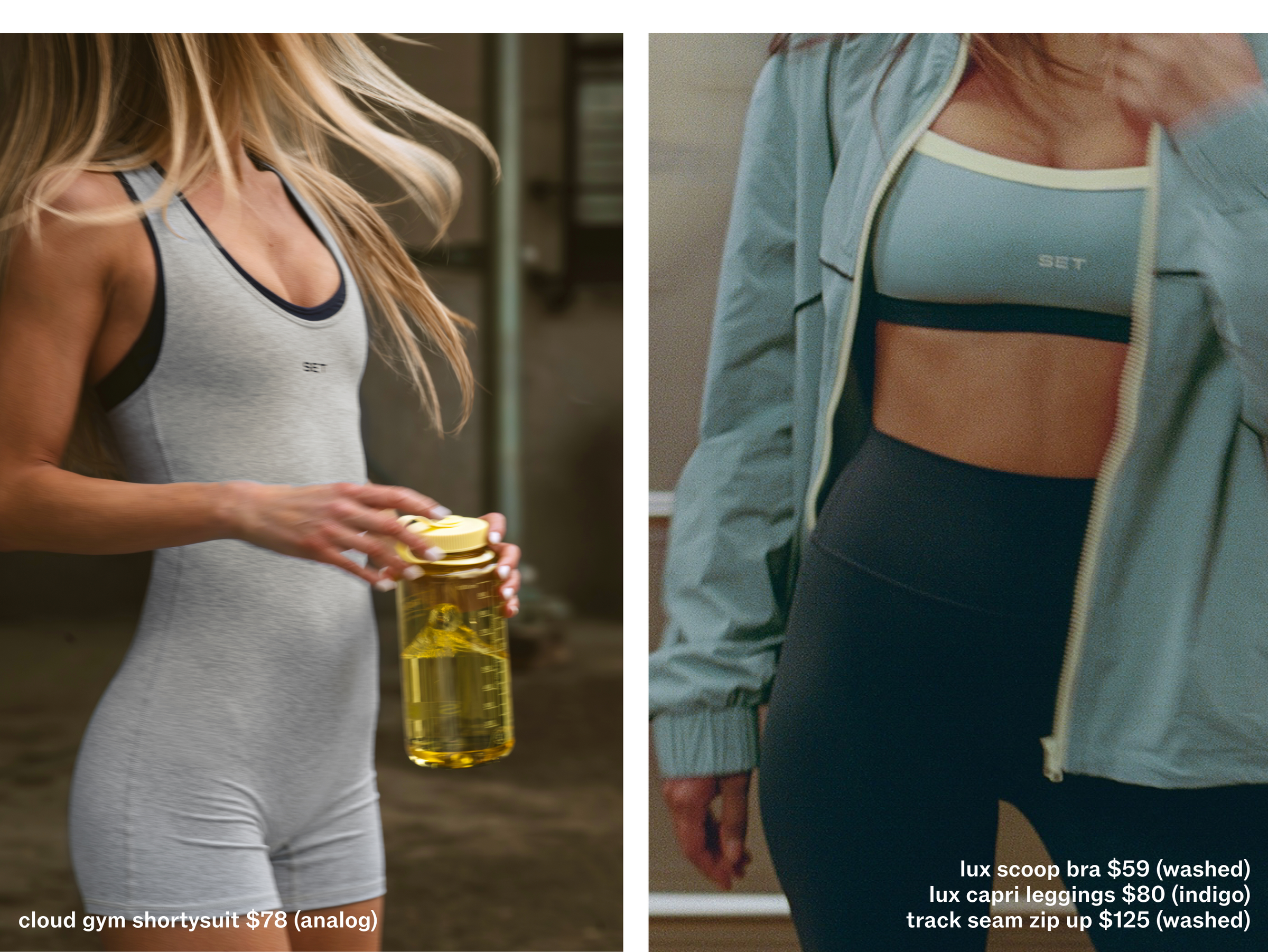 Two women in athletic wear with product names and prices displayed.