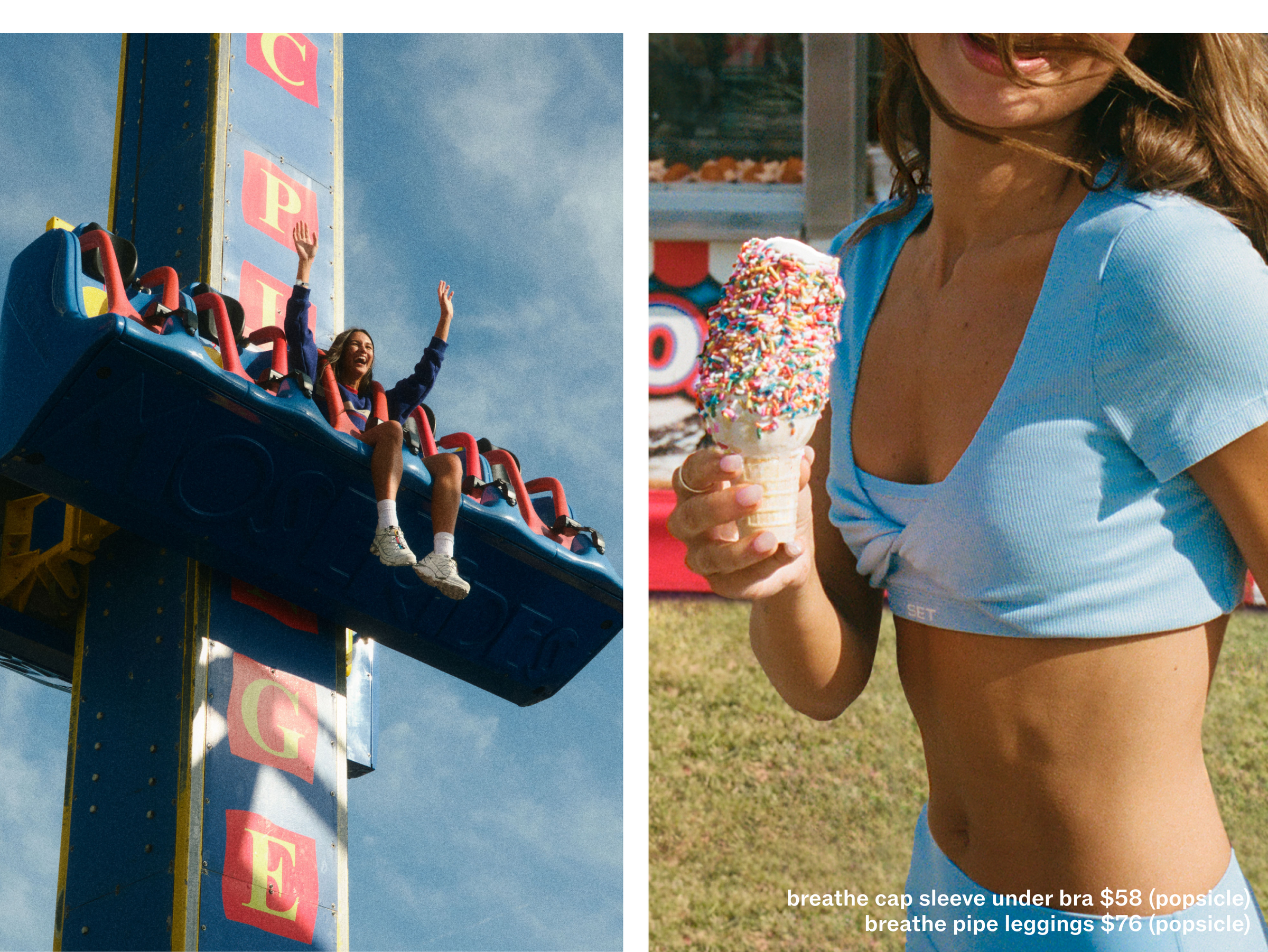 Two images: one of a person on a roller coaster and another of a person holding a colorful ice cream cone.